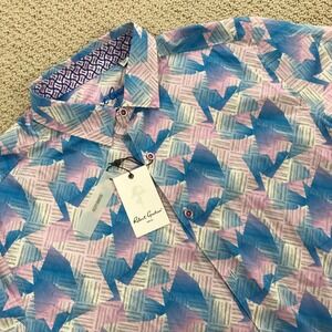 Robert Graham Mens 2XL Blue Pink Geometric Abstract Print Short Sleeve Shirt NWT